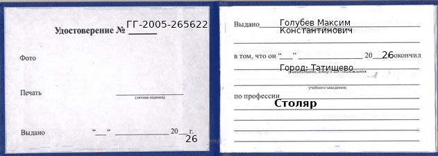 Образец удостоверения столяра в Татищеве с печатью и подписью