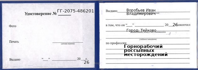 Образец удостоверения горнорабочего россыпных месторождений в Тейкове с печатью и подписью