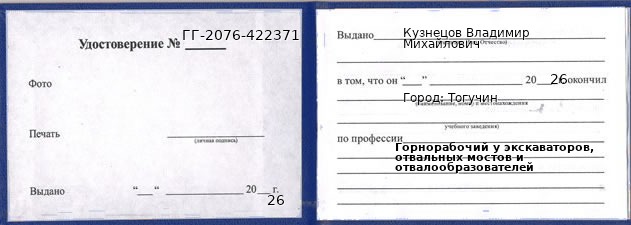 Образец удостоверения горнорабочего у экскаваторов, отвальных мостов и отвалообразователей в Тогучине с печатью и подписью