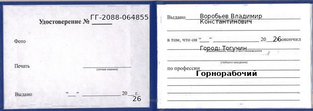 Образец удостоверения горнорабочего в Тогучине с печатью и подписью