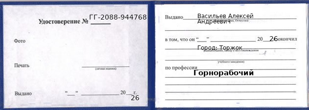 Образец удостоверения горнорабочего в Торжке с печатью и подписью