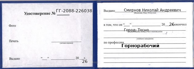 Образец удостоверения горнорабочего в Тосно с печатью и подписью