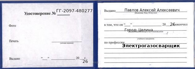 Образец удостоверения электрогазосварщика в Целиной с печатью и подписью