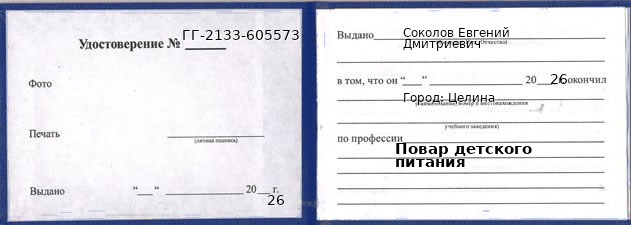 Образец удостоверения повара детского питания в Целиной с печатью и подписью