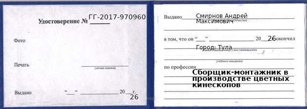 Образец удостоверения сборщика-монтажника в производстве цветных кинескопов в Туле с печатью и подписью