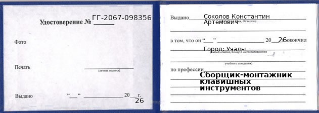 Образец удостоверения сборщика-монтажника клавишных инструментов в Учалах с печатью и подписью