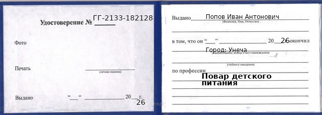 Образец удостоверения повара детского питания в Унече с печатью и подписью