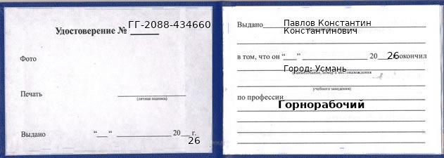 Образец удостоверения горнорабочего в Усмани с печатью и подписью