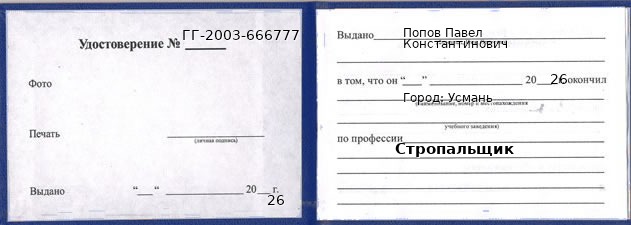 Образец удостоверения стропальщика в Усмани с печатью и подписью