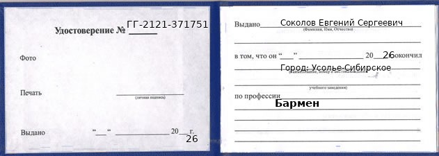 Образец удостоверения бармена в Усолье-Сибирском с печатью и подписью