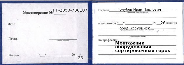 Образец удостоверения монтажника оборудования сортировочных горок в Уссурийске с печатью и подписью
