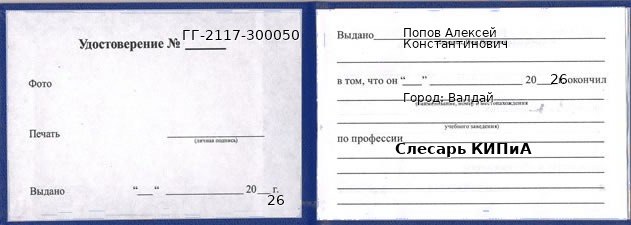 Образец удостоверения слесаря КИПиА в Валдае с печатью и подписью