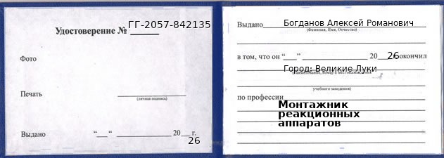 Образец удостоверения монтажника реакционных аппаратов в Великих Луках с печатью и подписью