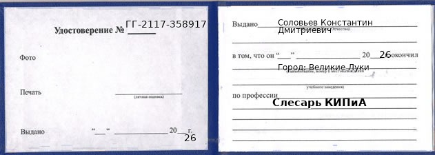 Образец удостоверения слесаря КИПиА в Великих Луках с печатью и подписью