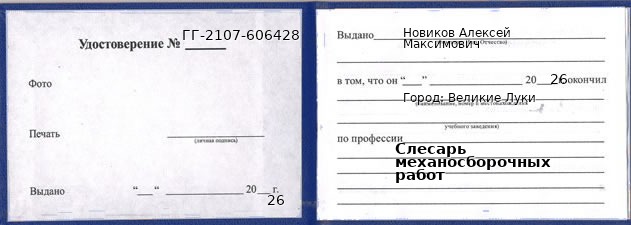 Образец удостоверения слесаря механосборочных работ в Великих Луках с печатью и подписью