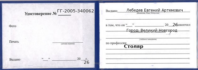 Образец удостоверения столяра в Великом Новгороде с печатью и подписью