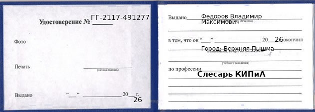 Образец удостоверения слесаря КИПиА в Верхней Пышме с печатью и подписью