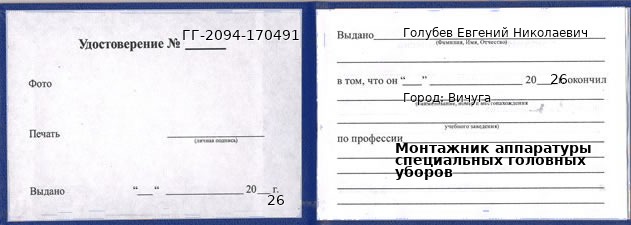 Образец удостоверения монтажника аппаратуры специальных головных уборов в Вичуге с печатью и подписью