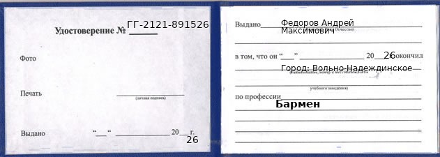 Образец удостоверения бармена в Вольно-Надеждинском с печатью и подписью