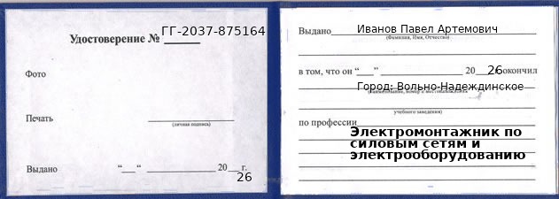 Образец удостоверения электромонтажника по силовым сетям и электрооборудованию в Вольно-Надеждинском с печатью и подписью