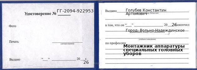 Образец удостоверения монтажника аппаратуры специальных головных уборов в Вольно-Надеждинском с печатью и подписью