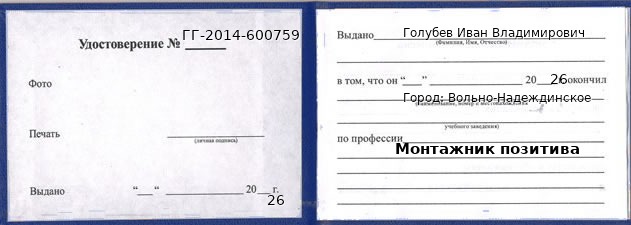 Образец удостоверения монтажника позитива в Вольно-Надеждинском с печатью и подписью