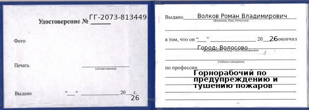 Образец удостоверения горнорабочего по предупреждению и тушению пожаров в Волосове с печатью и подписью