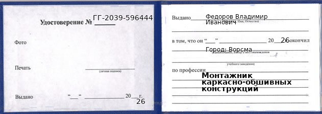 Образец удостоверения монтажника каркасно-обшивных конструкций в Ворсме с печатью и подписью