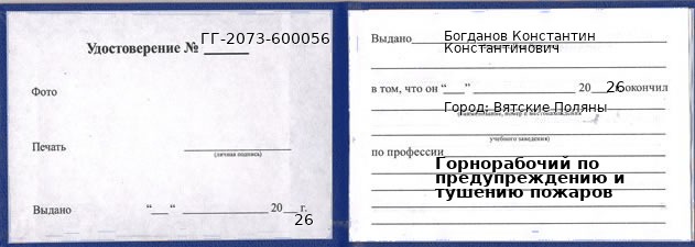 Образец удостоверения горнорабочего по предупреждению и тушению пожаров в Вятские Поляны с печатью и подписью