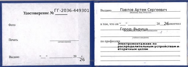 Образец удостоверения электромонтажника по распределительным устройствам и вторичным цепям в Вырице с печатью и подписью