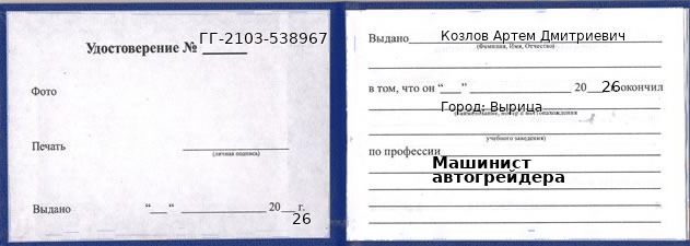 Образец удостоверения машиниста автогрейдера в Вырице с печатью и подписью