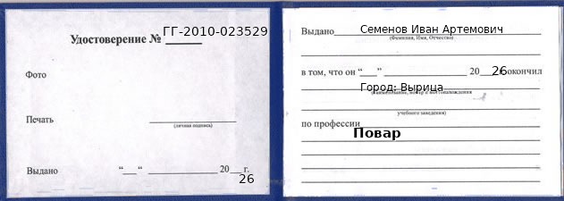 Образец удостоверения повара в Вырице с печатью и подписью