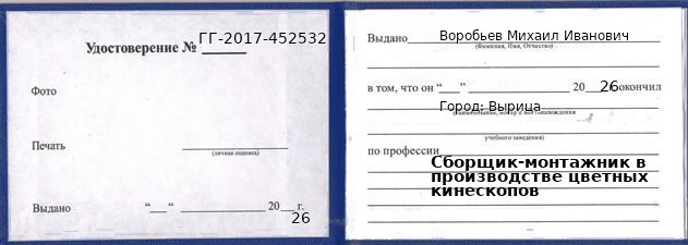 Образец удостоверения сборщика-монтажника в производстве цветных кинескопов в Вырице с печатью и подписью