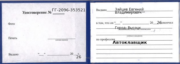 Образец удостоверения автоклавщика в Высоцке с печатью и подписью