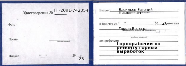 Образец удостоверения горнорабочего по ремонту горных выработок в Вытегре с печатью и подписью