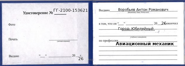 Образец удостоверения авиационного механика в Юбилейном с печатью и подписью