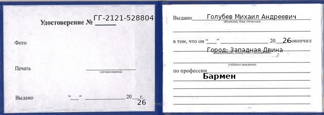 Образец удостоверения бармена в Западной Двине с печатью и подписью