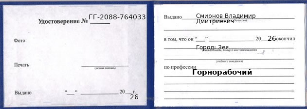 Образец удостоверения горнорабочего в Зее с печатью и подписью