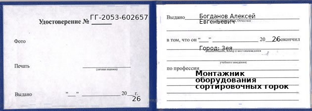 Образец удостоверения монтажника оборудования сортировочных горок в Зее с печатью и подписью