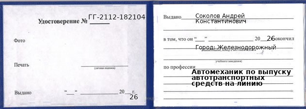 Образец удостоверения автомеханика по выпуску автотранспортных средств на линию в Железнодорожном с печатью и подписью