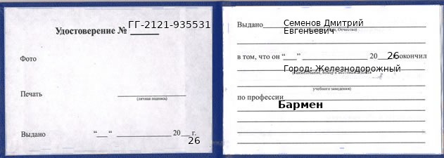 Образец удостоверения бармена в Железнодорожном с печатью и подписью