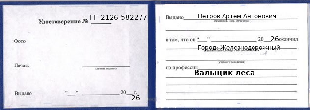 Образец удостоверения вальщика леса в Железнодорожном с печатью и подписью