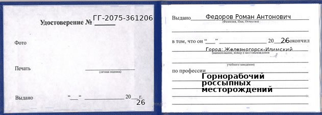 Образец удостоверения горнорабочего россыпных месторождений в Железногорске-Илимском с печатью и подписью