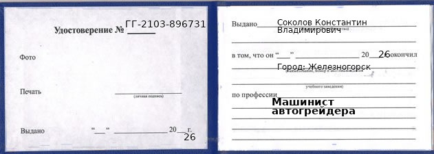 Образец удостоверения машиниста автогрейдера в Железногорске с печатью и подписью