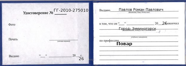 Образец удостоверения повара в Змеиногорске с печатью и подписью