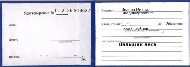 Образец удостоверения вальщика леса в Зубцове с печатью и подписью