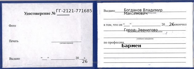 Образец удостоверения бармена в Звенигове с печатью и подписью